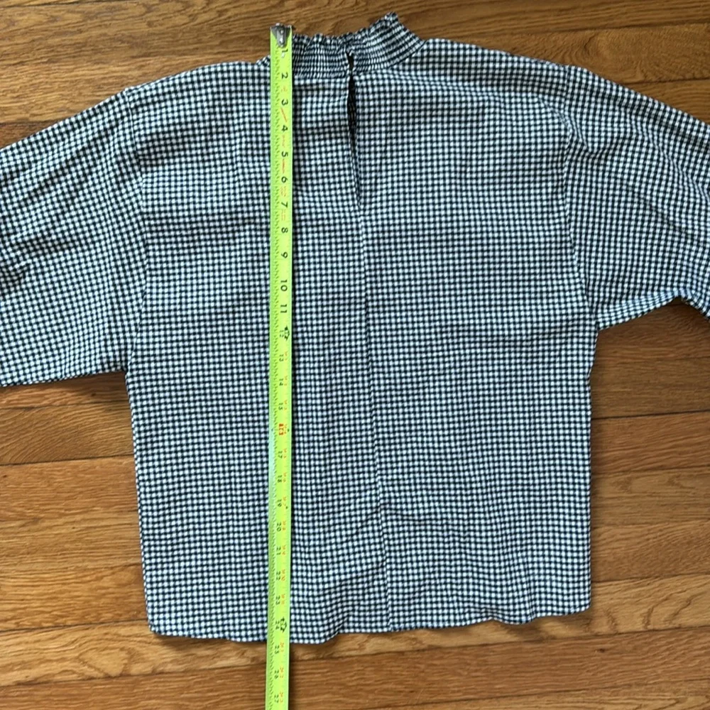 Zara Gingham Puff Sleeve Mock Neck Blouse